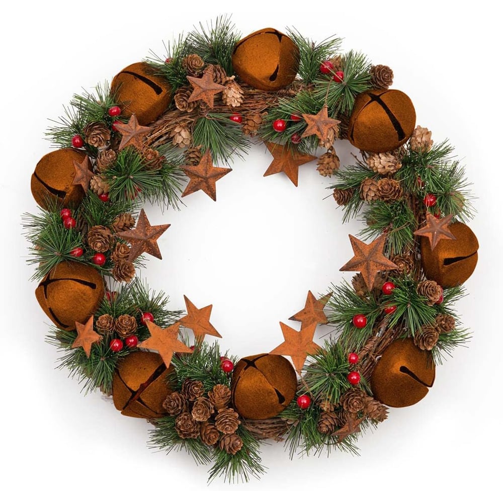 Shatchi Christmas Wreath with Brown Bells Stars Pine Cones Berries and Leaves 1.31ft Image 3