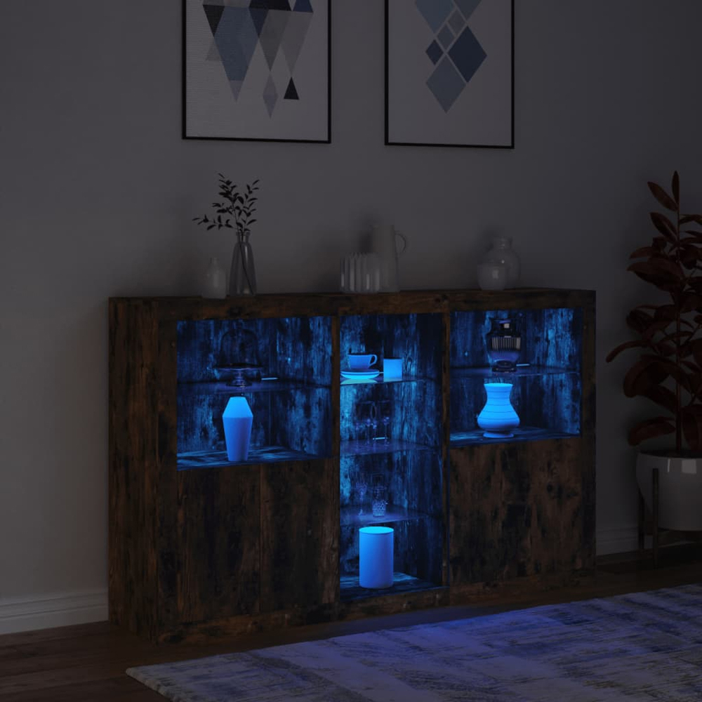 vidaXL 4 Door 8 Shelf Smoked Oak LED Sideboard 3 Piece Image 9