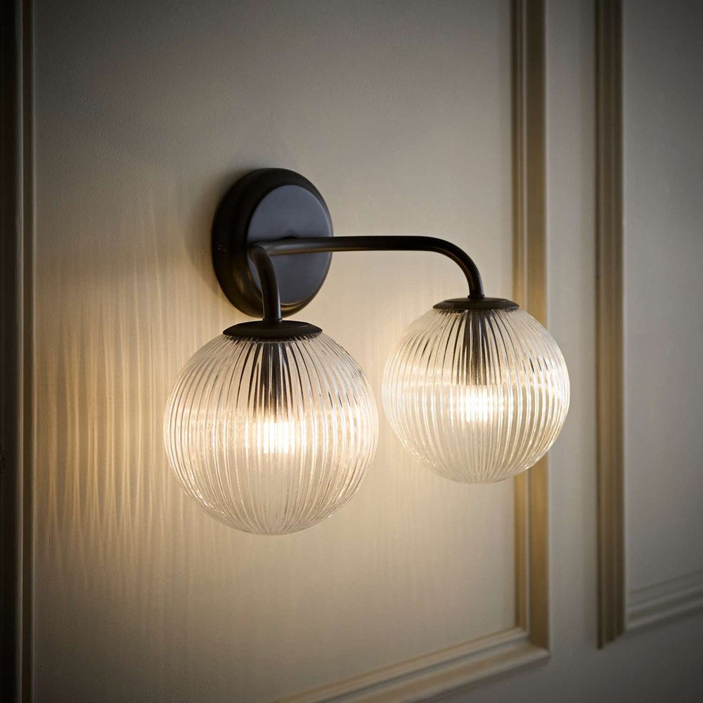 ValueLights Kempton 2 Arm Ribbed Glass Globe Matte Black LED Wall Light with Bulb Image 6