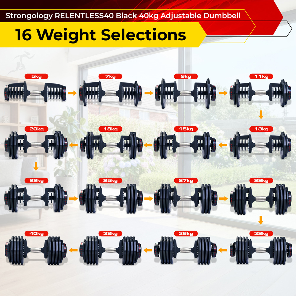 Strongology Home Fitness Black Adjustable Dumbbell 5kg to 40kg 2 Pack Image 5