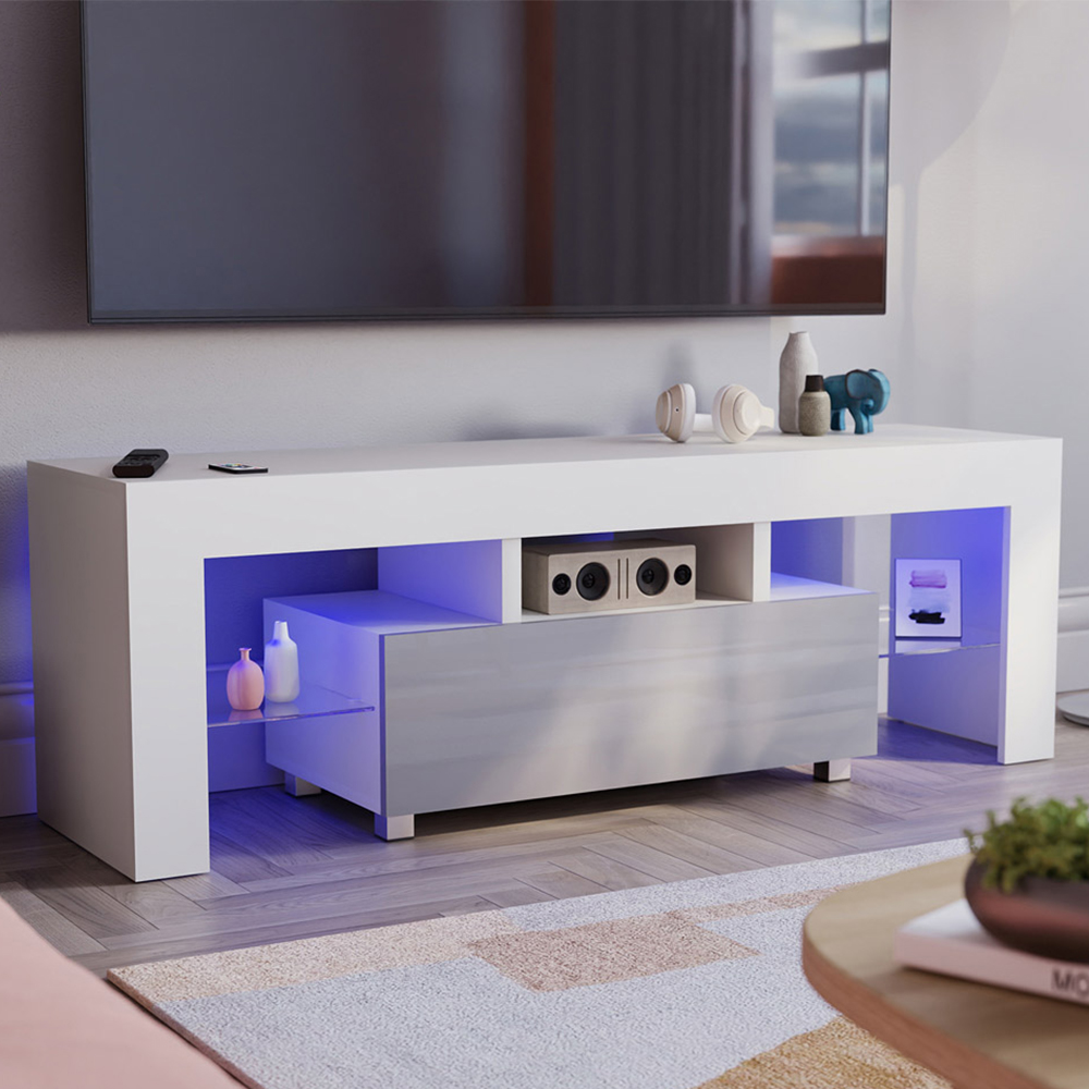 Vida Designs Luna Single Drawer White and Grey TV Unit with LED Image 1