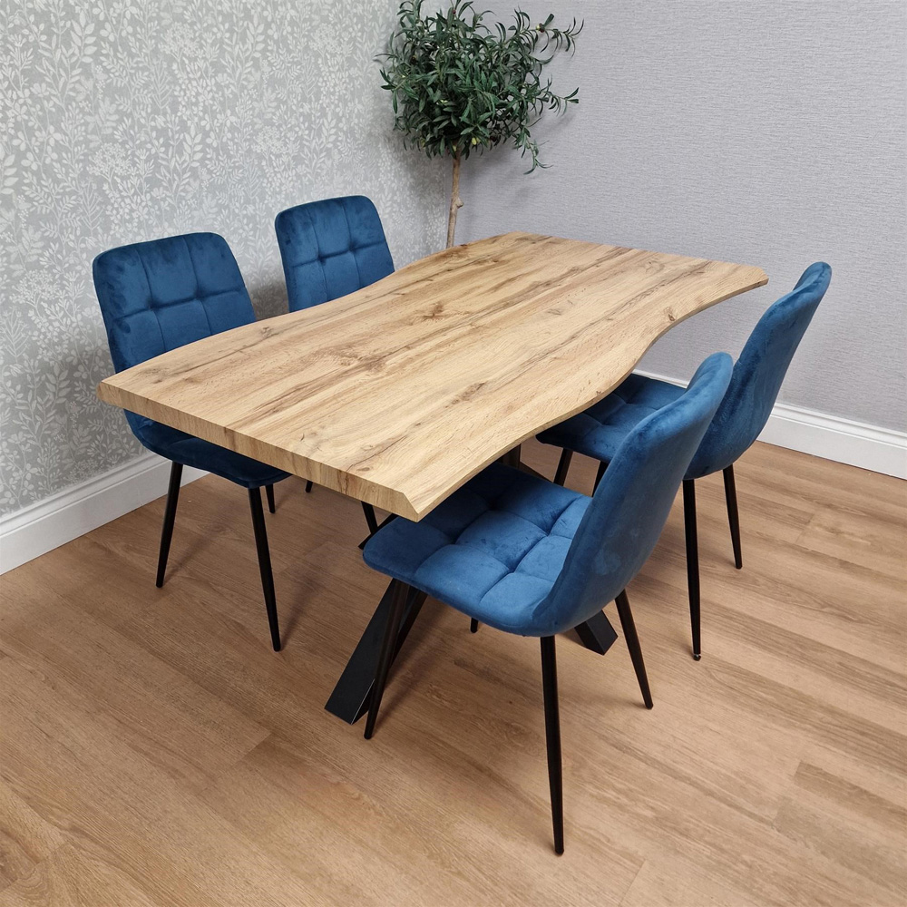 Portland 4 Seater Velvet Tufted Wooden Tabletop Dining Set Blue Image 2