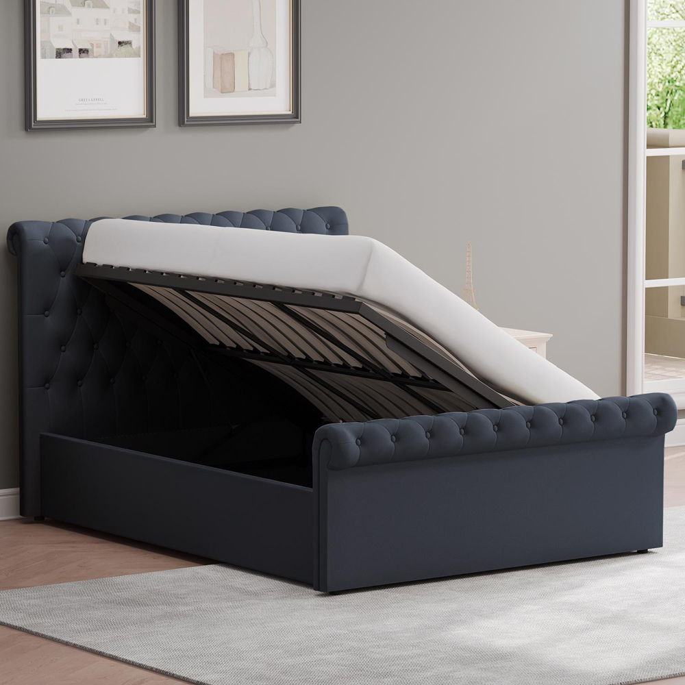 FWStyle Abbey Double Black Charcoal Side Lift Ottoman Bed Frame with Scroll Buttoned Headboard Image 2