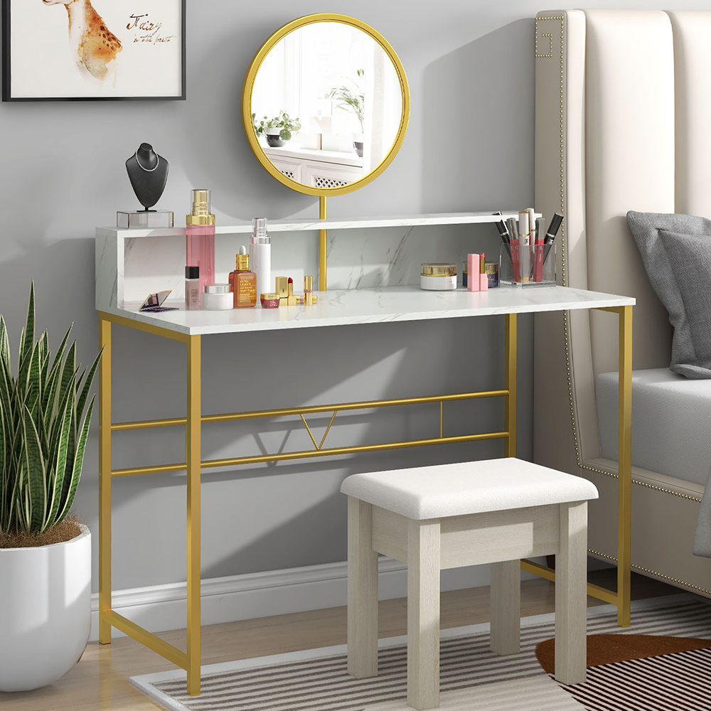 Portland White Modern Dressing Table with Round Mirror Image 1