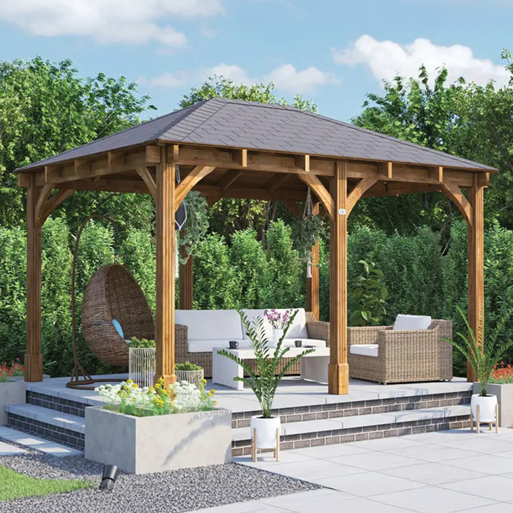 Dunster House Leviathan 4 x 3m Brown Wooden Garden Gazebo with Heavy Duty Roof Shingles Image 1