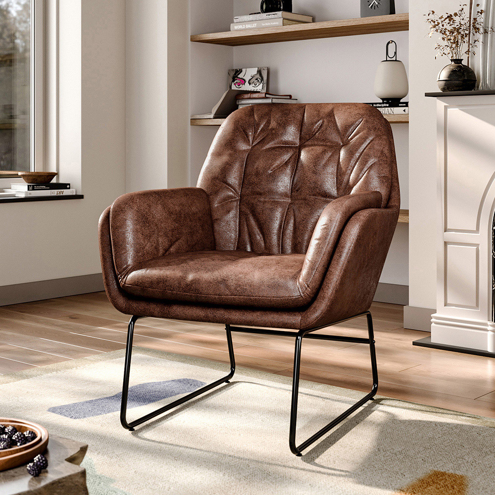 Living and Home Brown Tufted Leisure Armchair with Metal Legs Image 3