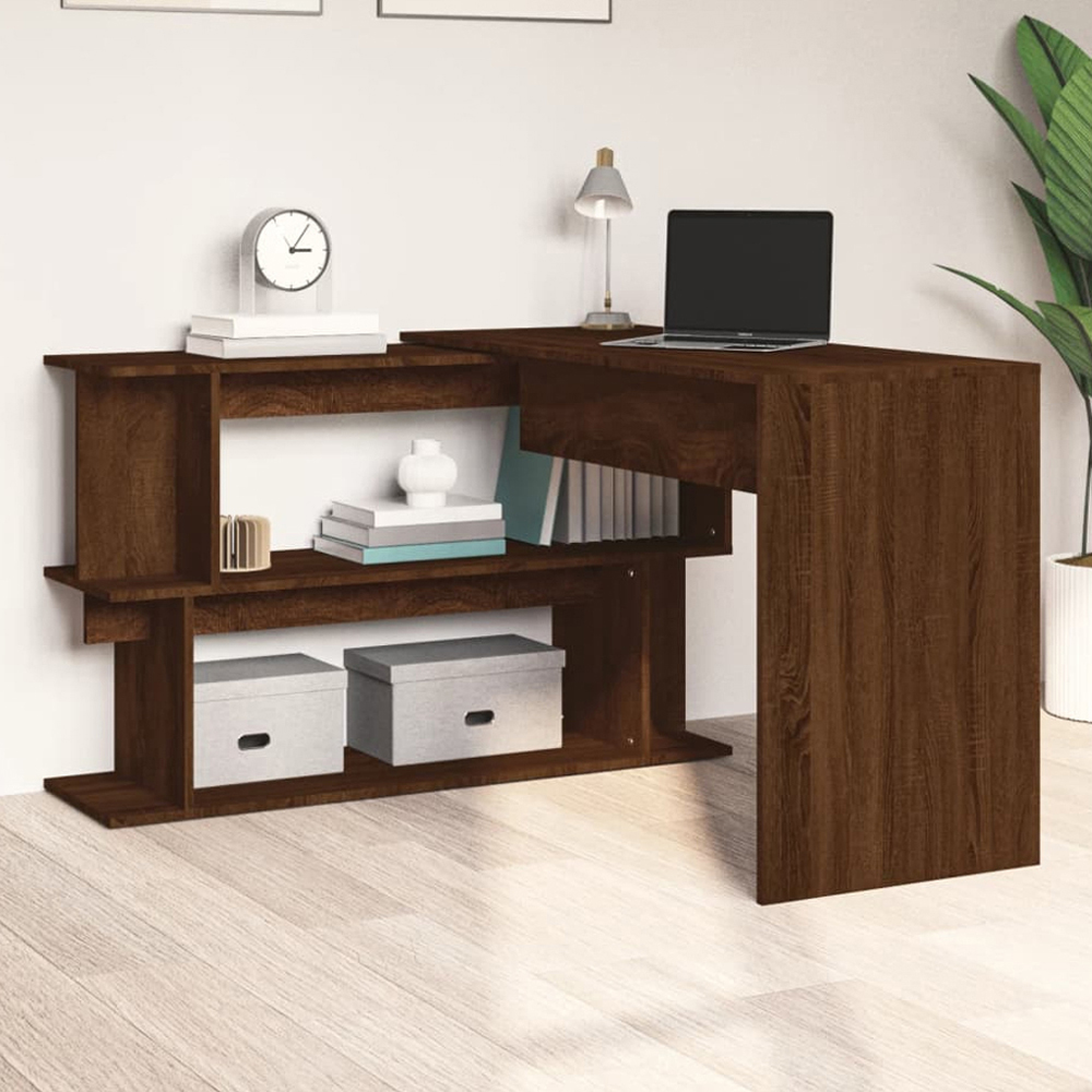vidaXL 2 Shelf Rotatable Corner Office Desk Brown Oak Image 1