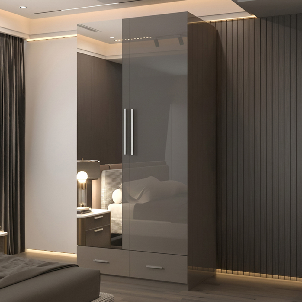 Sliding Wardrobes 4U 2 Door 2 Drawer Grey High Gloss Hinge Door Wardrobe 90cm Image 1