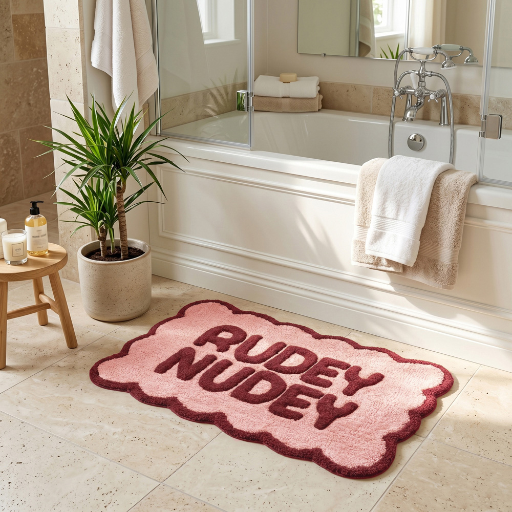 Allure Bath Fashions Burgundy and Pink Rudey Nudey Slogan Scalloped Non-Slip Bath Mat 50 x 80cm Image 2