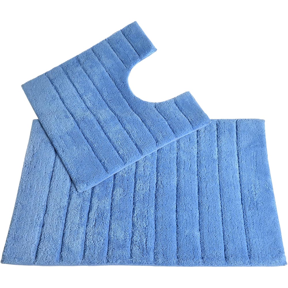 Allure Bath Fashions Cornish Blue Ribbed Bath Mat and Pedestal Mat Set 2 Piece Image