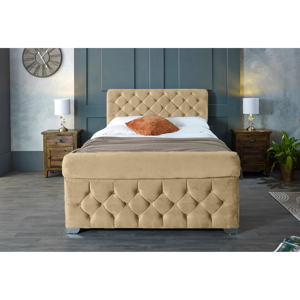 Eleganza Home Veneta King Size Beige Plush Velvet Bed Frame with Chesterfield Headboard Image 6