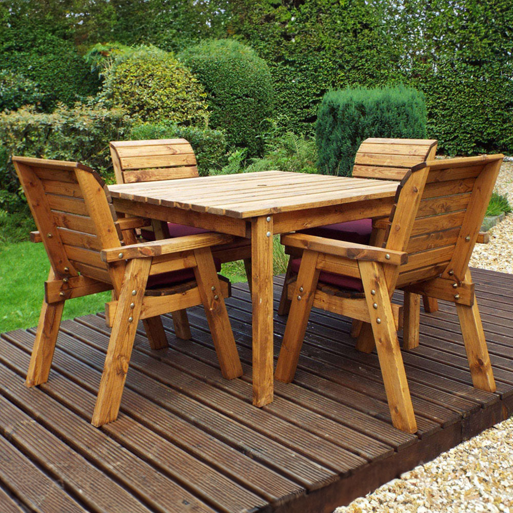 Charles Taylor Solid Wood 4 Seater Square Outdoor Dining Set with Red Cushions Image 1