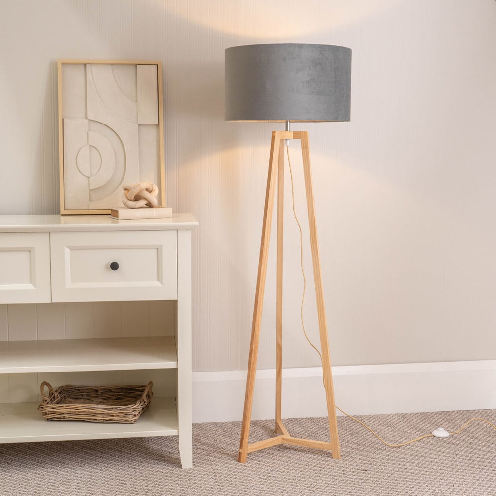 ValueLights Lottie Grey Velvet Drum Shade Natural Wood Tripod LED Floor Lamp Image 2