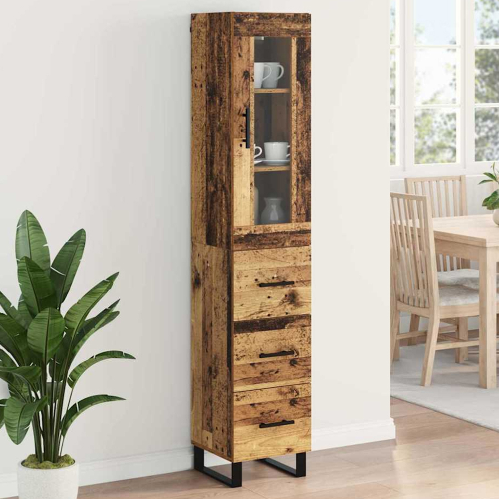 vidaXL Single Glass Door 3 Drawer Old Wood Tall Slim Highboard Image 1