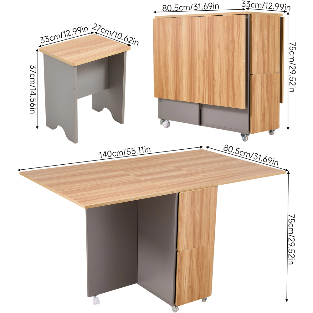Living and Home 4 Seater Drop-Leaf Dining Table and Stool Set Grey and Natural Wood Grain Image 9