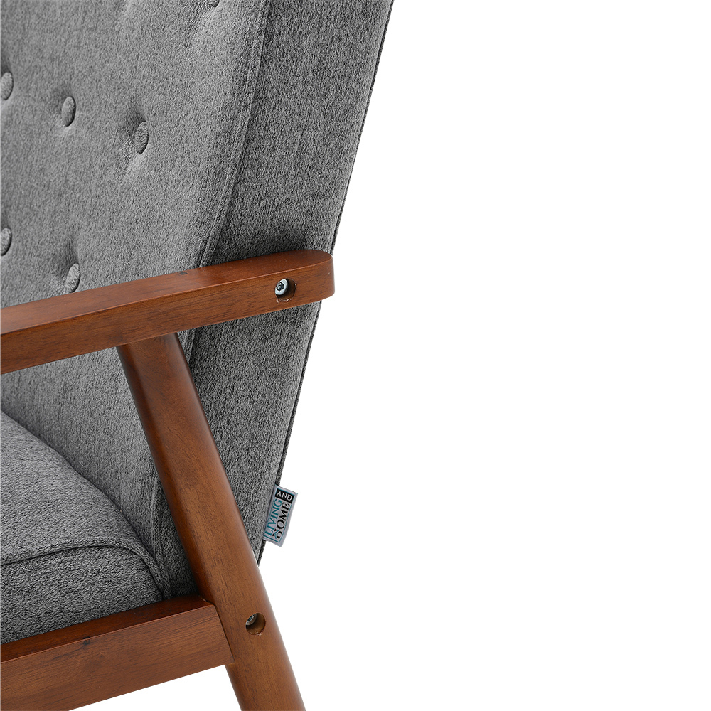 Living and Home Grey Linen Cushion Modern Wood Frame Upholstered Lounge Chair Image 5