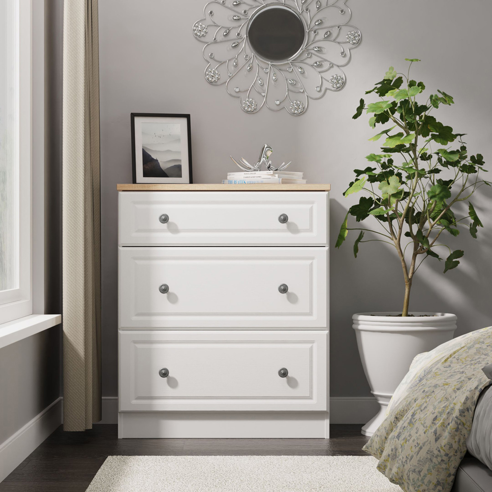 Crowndale Norfolk 3 Drawer White Ash and Bardolino Oak Deep Chest of Drawers Ready Assembled Image 7