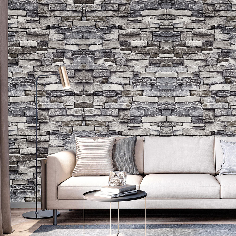 Living and Home Rustic Faux Brick 3D Grey and Black Wallpaper Roll Image 7