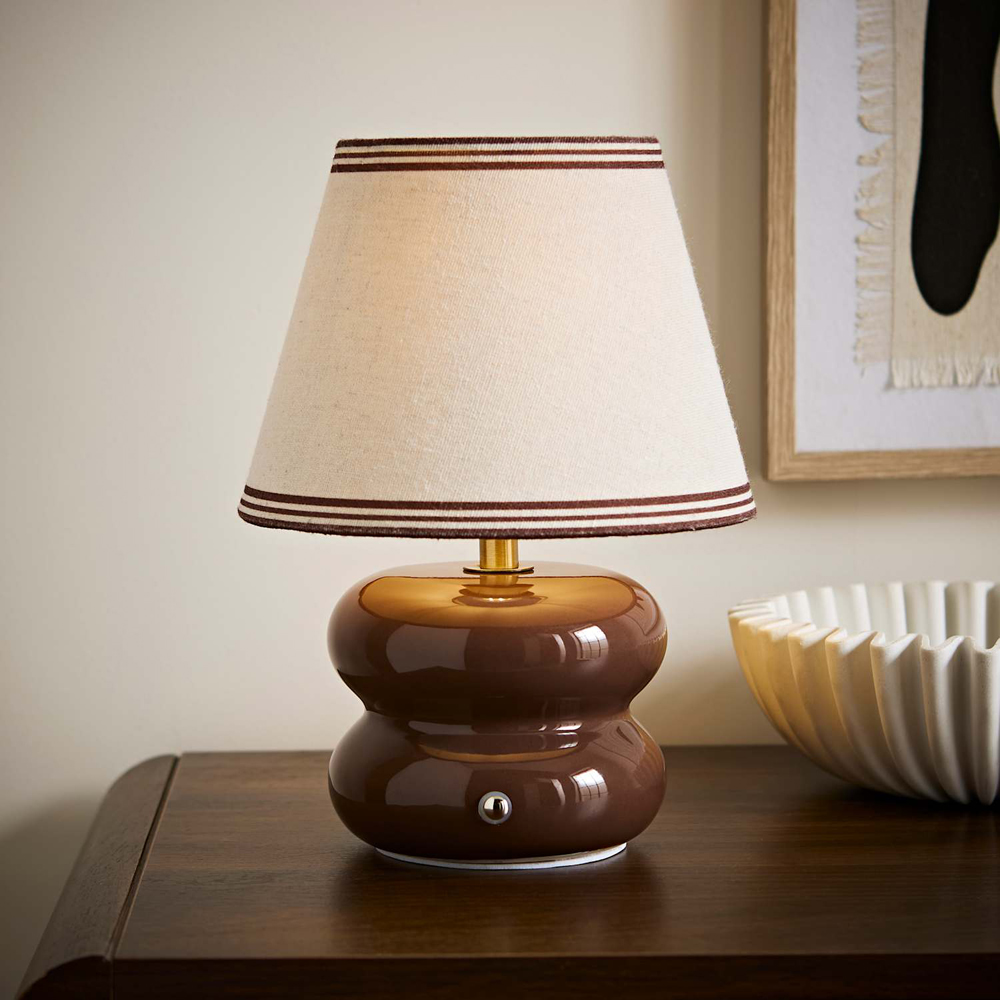 ValueLights Gia Triple Trim Linen Shade Brown Ceramic Stack Rechargeable Table Lamp Image 5