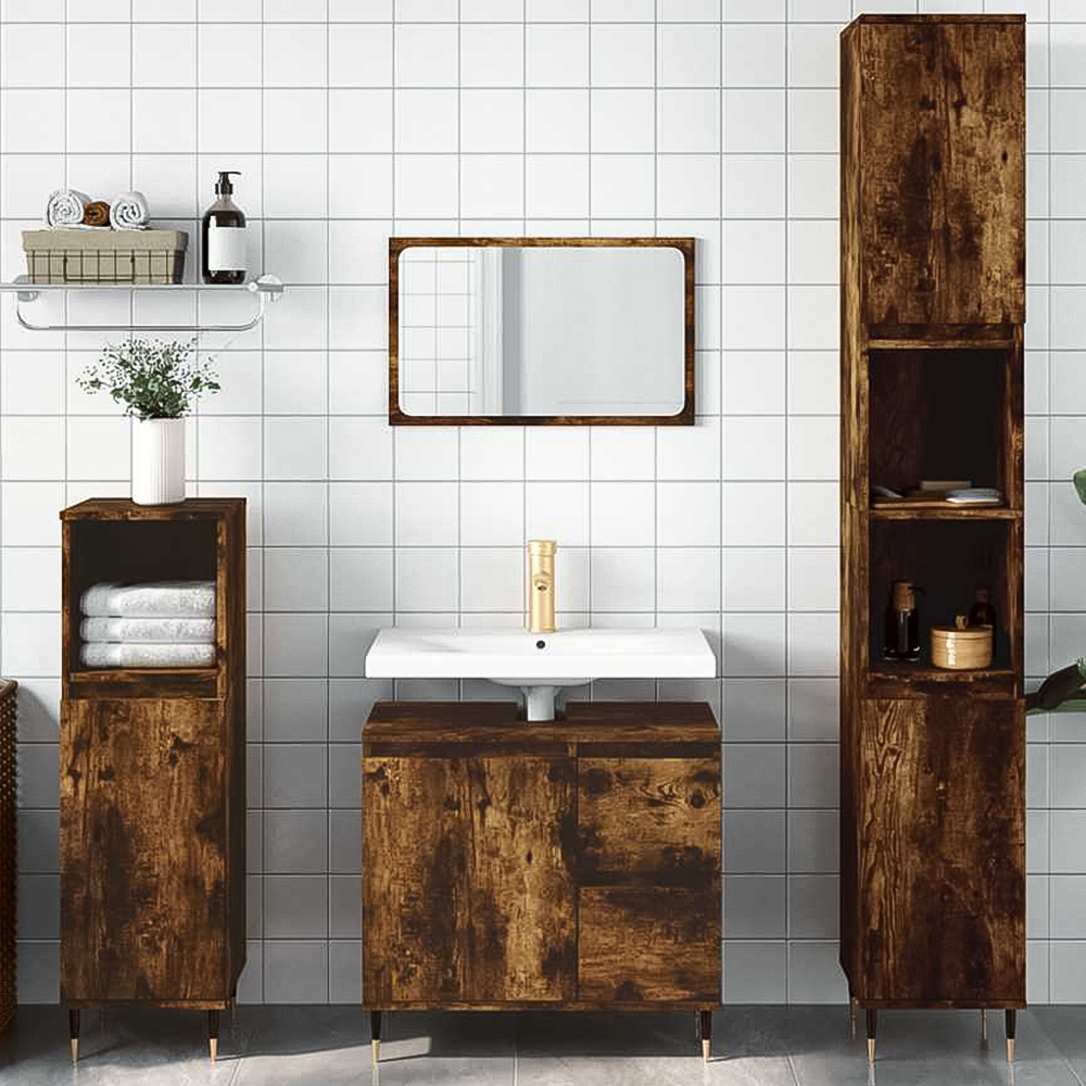 vidaXL Single Door 2 Drawer Smoked Oak Freestanding Under Sink Bathroom Cabinet Image 1