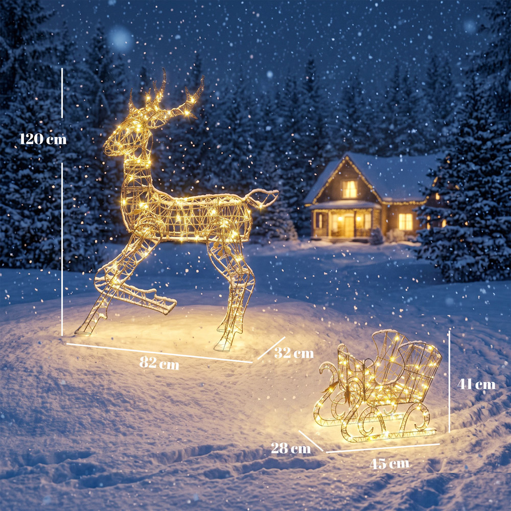 Outsunny 175 Warm White LED 2-Piece Reindeer and Sleigh Set Outdoor Christmas Decoration Image 9