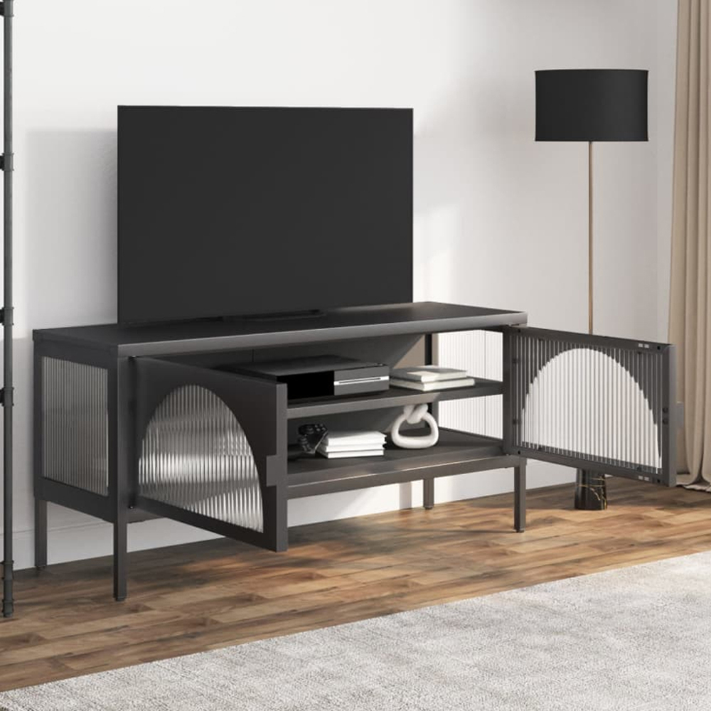 vidaXL 2 Door Black Fluted Glass and Steel TV Cabinet Image 1