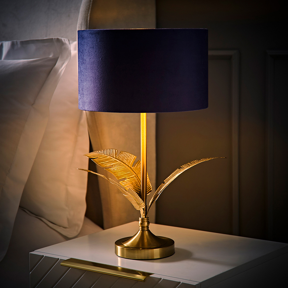 ValueLights Christina Navy Velvet and Gold Palm Leaf Table Lamp with Bulb Image 2