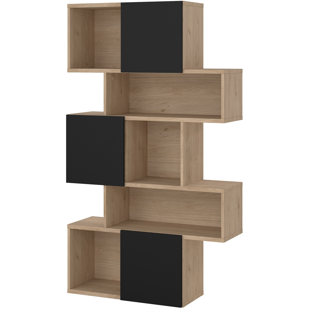 Furniture To Go Maze 3 Door 5 Shelf Jackson Hickory and Black Asymmetrical Bookcase Image 4