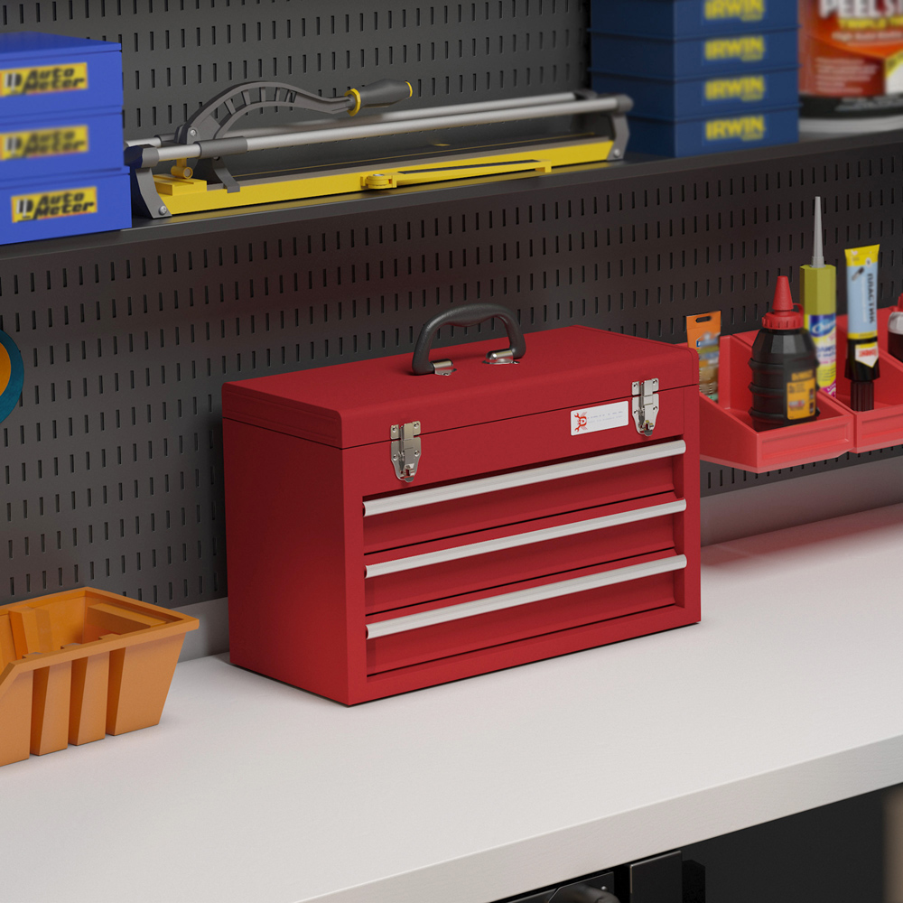 Durhand 3 Drawer Red Lockable Metal Tool Chest Image 2