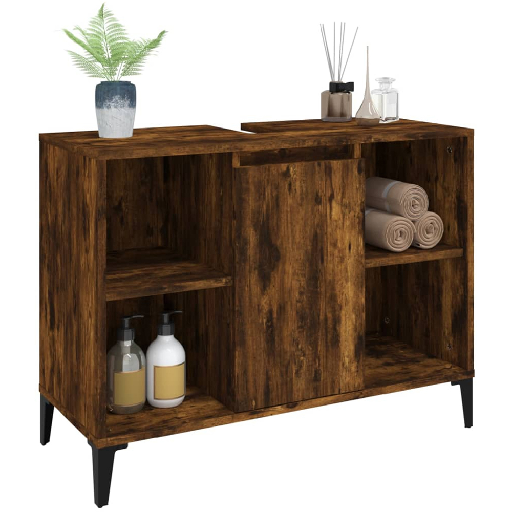 vidaXL Single Door 4 Shelf Smoked Oak Freestanding Under Sink Bathroom Cabinet Image 3