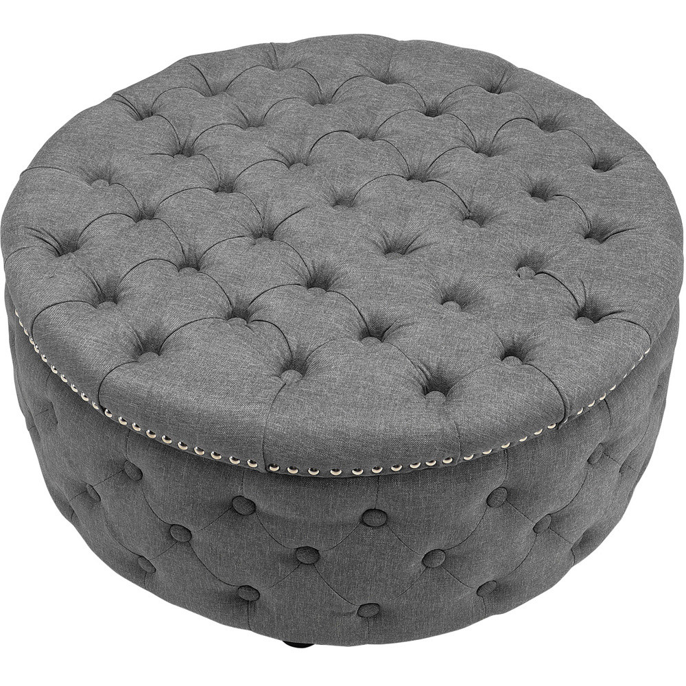 Living and Home Light Grey Linen Round Buttoned Ottoman with Studded Edge Image 2
