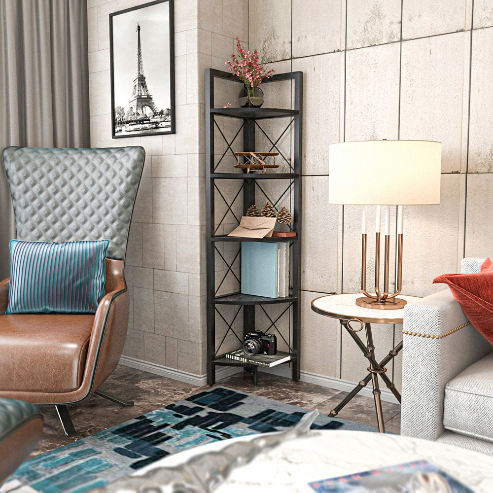 Decorotika Remo 5 Shelf Black Marble Effect Metal Frame Corner Storage Rack Image 5