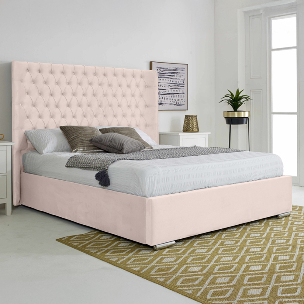 Eleganza Home Woodlake Double Pink Plush Velvet Bed Frame with Chesterfield Headboard Image 1
