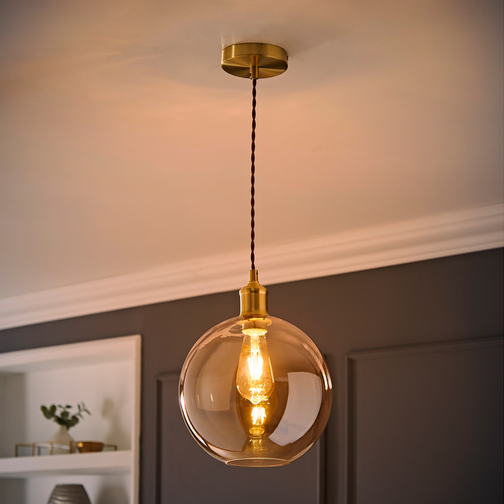 ValueLights Bellamy Single Amber Glass Globe Brushed Gold LED Ceiling Pendant Light Image 6