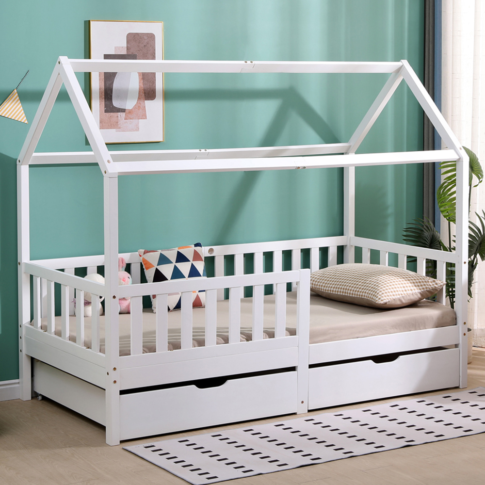 Portland Wood House 2 Drawer White Style B Kids Bed Frame Image 1