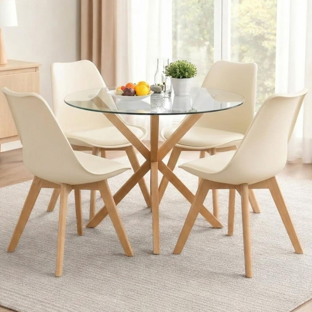 Kosy Koala 4 Seater Glass and Plastic Round Dining Table Set Oak Effect and Cream Image 1
