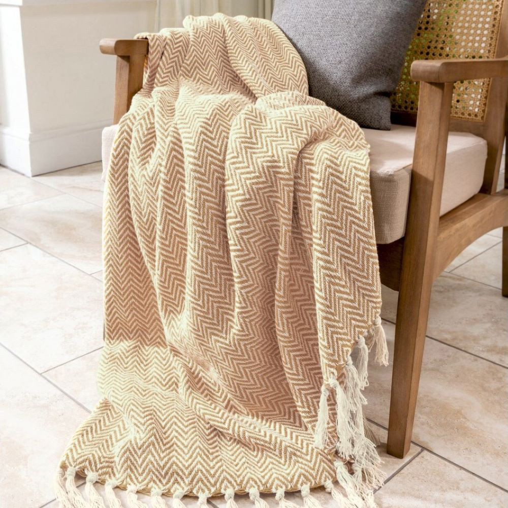 Allure Home Fashions Audley Beige Cotton Chevron Herringbone Throw 150 x 200cm Image 3