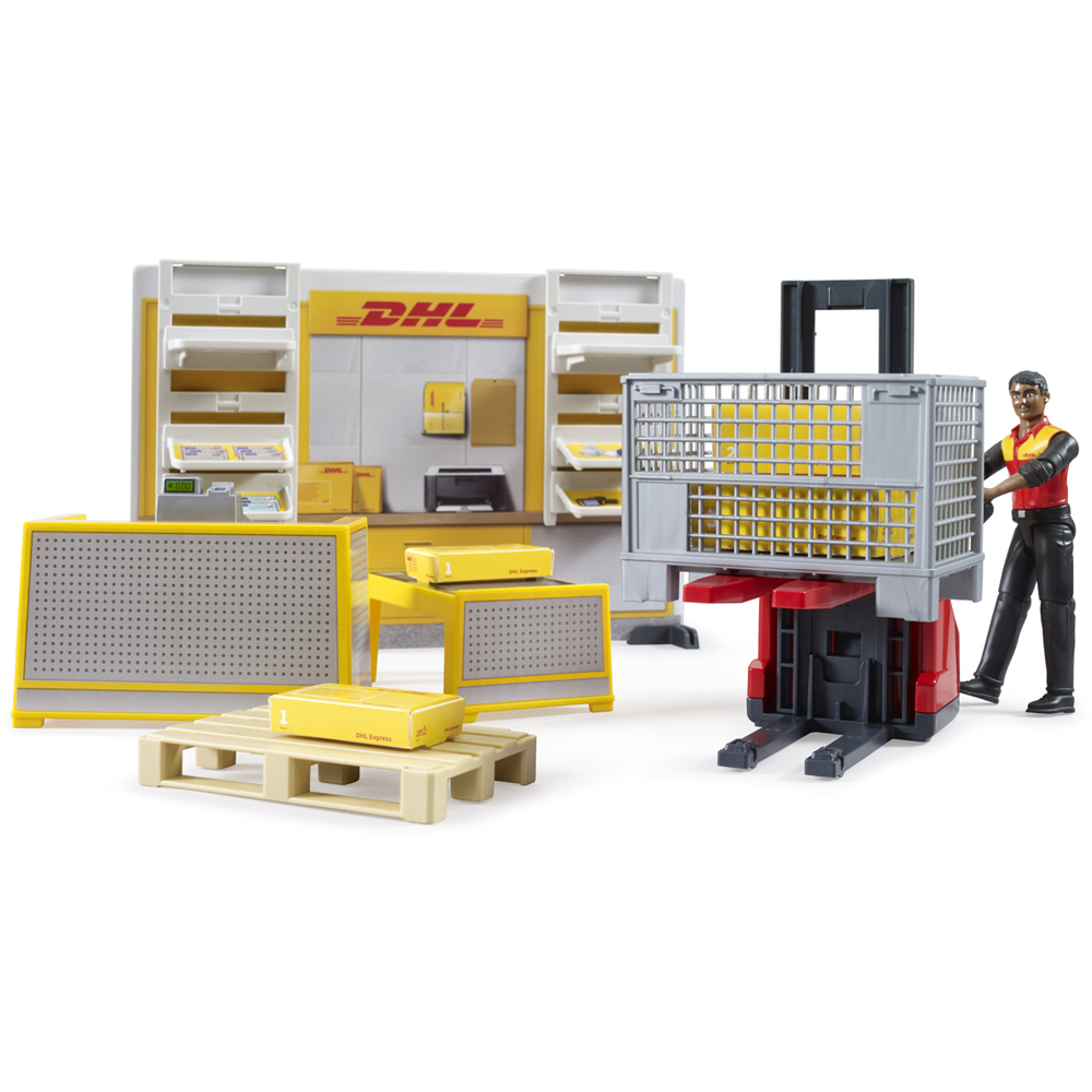 Bruder Bworld DHL Shop with Hand Pallet Truck Parcel Counter Cash Register and Worker Figure Image 4