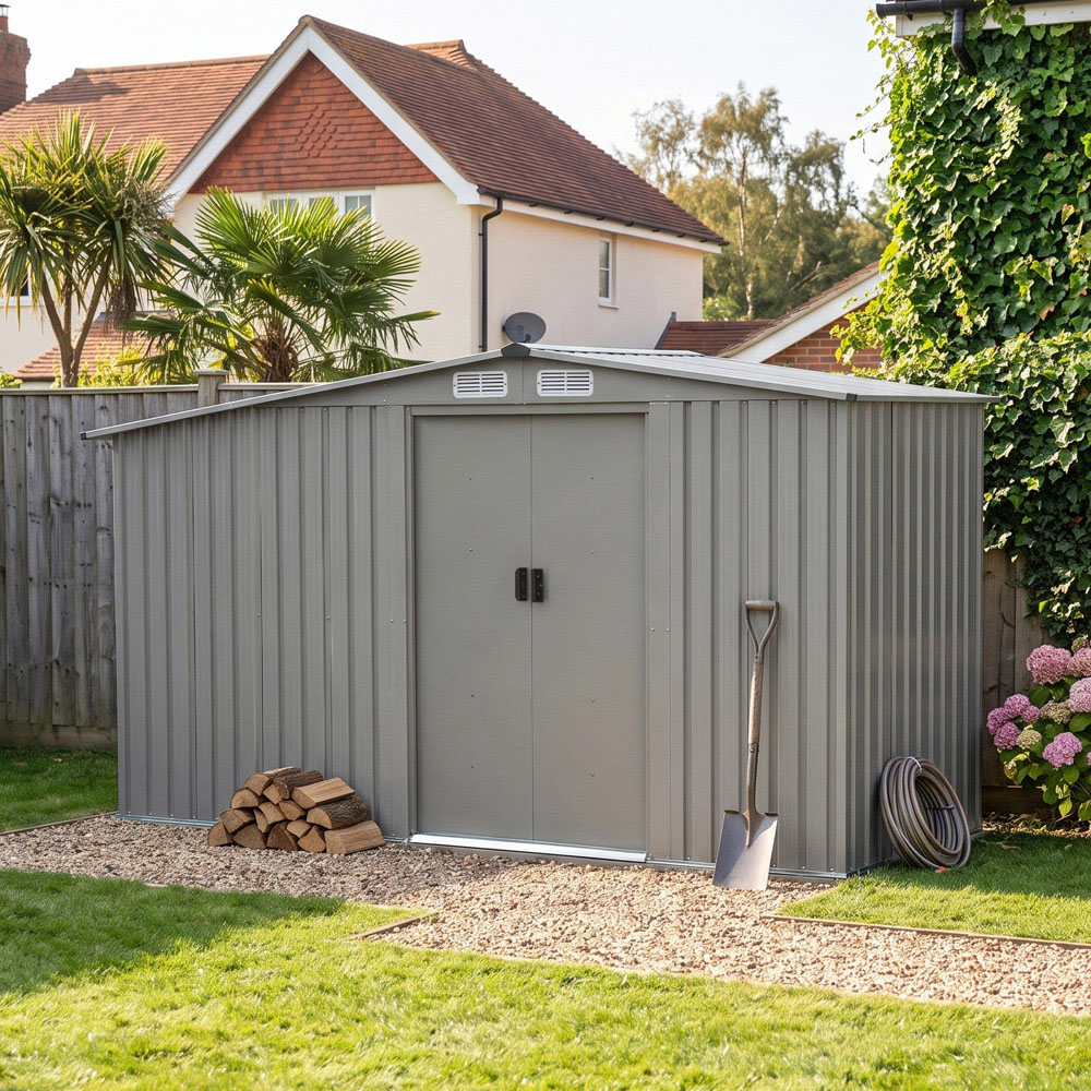Living and Home 4 x 8ft Grey Aluminium Apex Garden Shed with Log Storage Image 3
