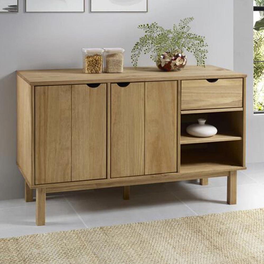 vidaXL Otta 2 Door Single Drawer 2 Shelf Brown Solid Pine Wood Sideboard Image 1