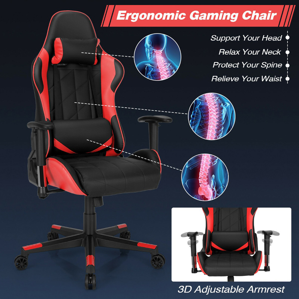 Costway Red and Black High Back Swivel Gaming Chair with Headrest and Lumbar Pillow Image 8