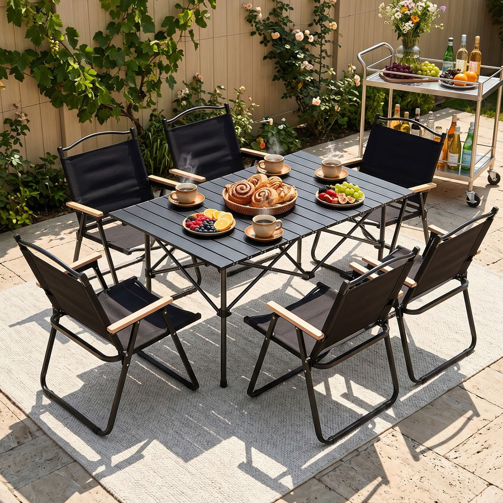 Living and Home 6 Seater 120cm Black Foldable Camping Table and Chair Set Image 2