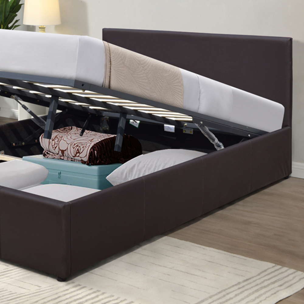 Comfy Living Small Double Brown Faux Leather Ottoman Bed Frame with Padded Headboard Image 2