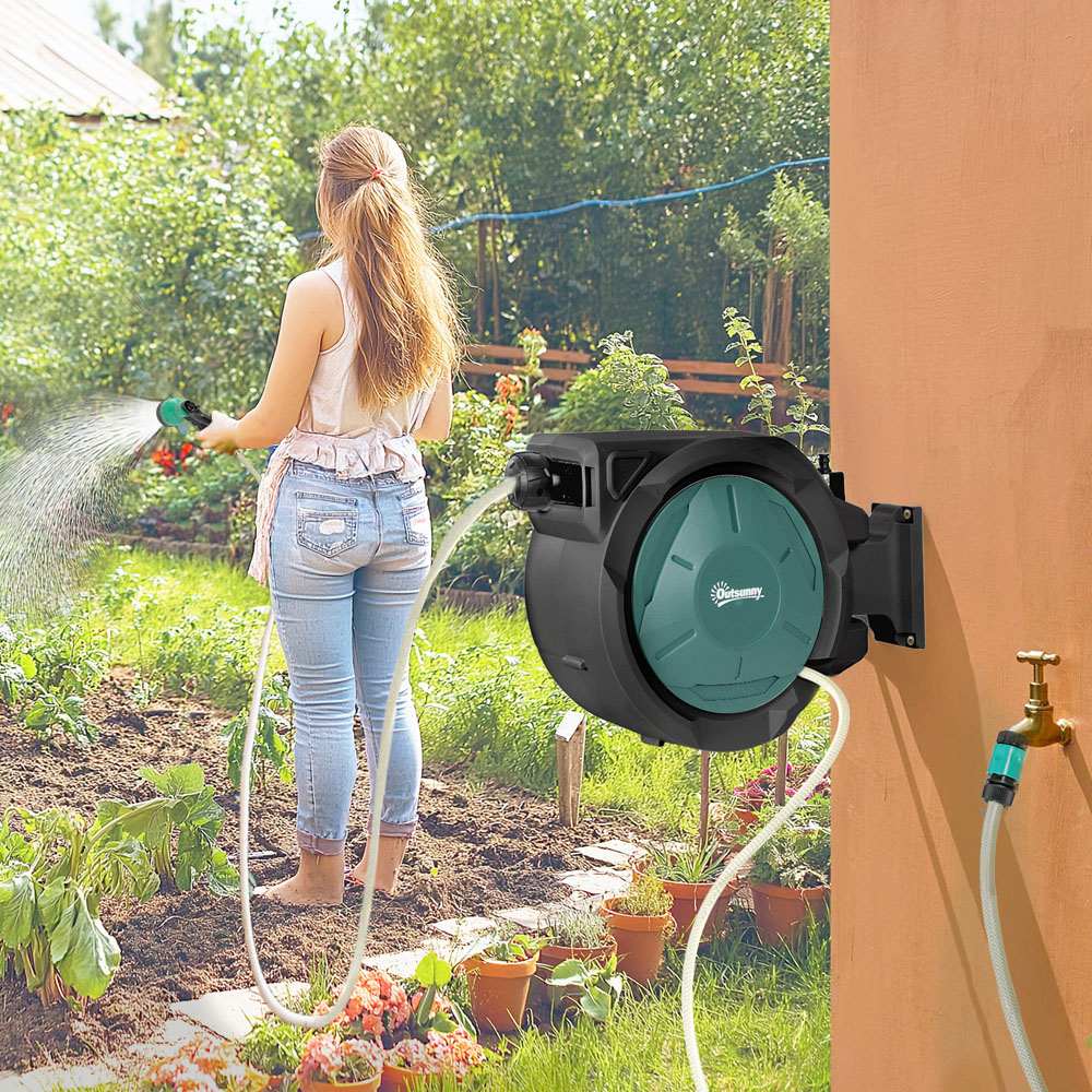 Outsunny Black Retractable Hose Reel Wall Mounted with Lock 20m Image 2