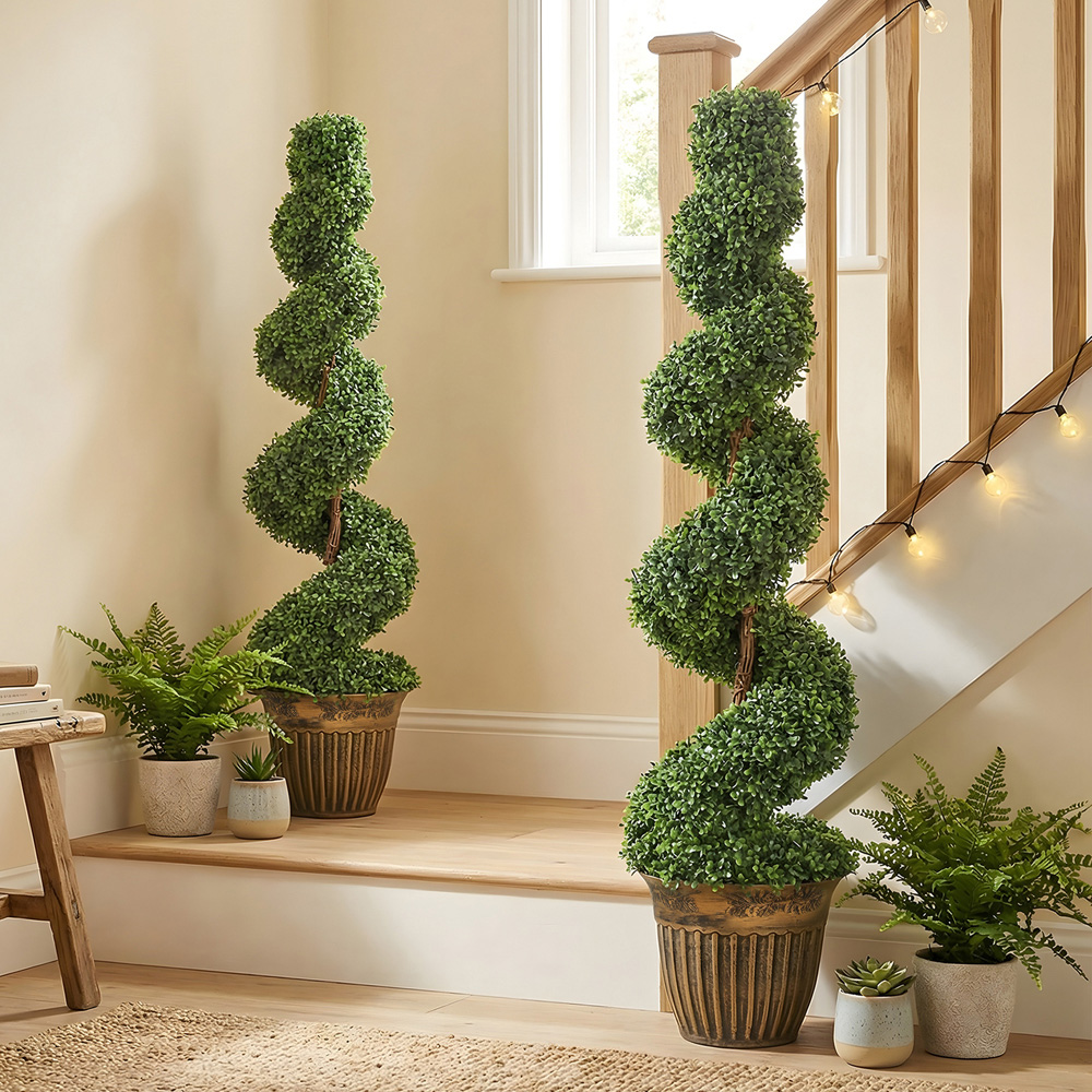 HOMCOM Potted Artificial Topiary Spiral Boxwood Trees Set of 2 Image 2