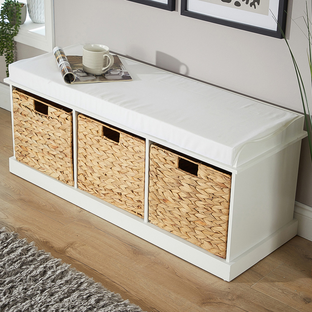Home Source Lapworth 3 Basket Drawer White Storage Bench with Padded Cushioned Top Image 1