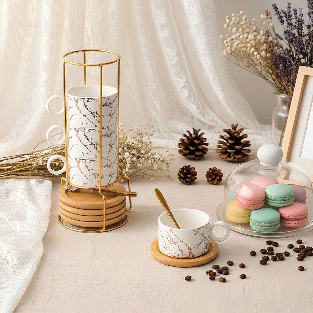 Living and Home 12 Piece White Marble Ceramic Coffee Cup Set with Stand Image 2