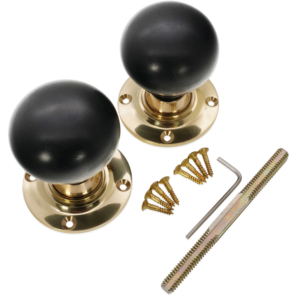 Spira Brass Polished Brass Ebony Bun Rim and Mortice Door Knob 2 Pack Image 4