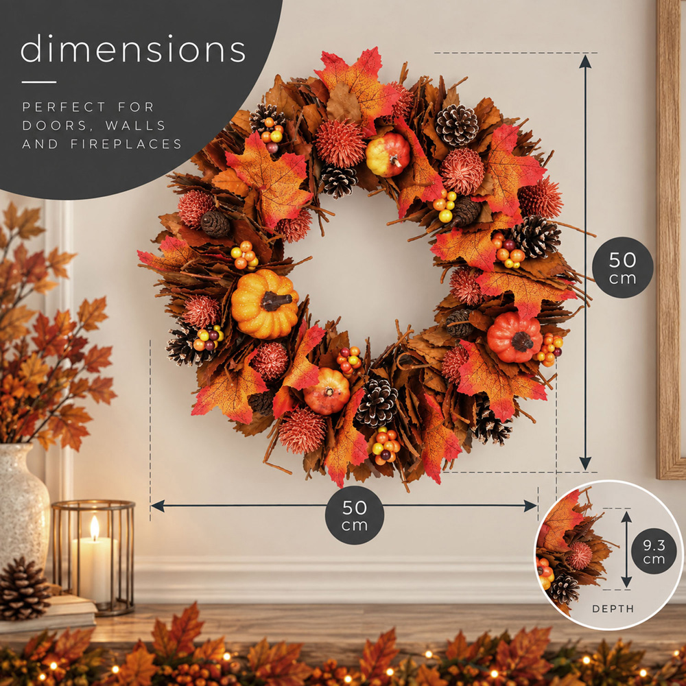 Neo Orange Artificial Autumn Wreath with Maple Leaves and Pumpkins 50cm Image 7