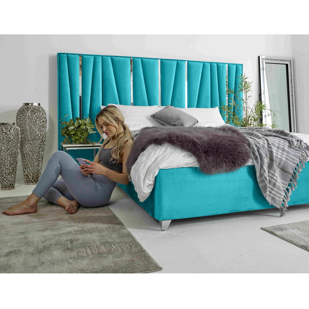 Eleganza Mila Double Teal Plush Velvet Bed Frame with Lined Headboard Image 4
